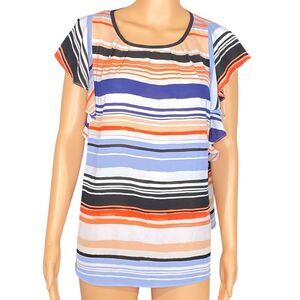 Elle Fairycore Flutter Sleeve Top in Blue Orange Black Stripe Summer Blouse SZ L